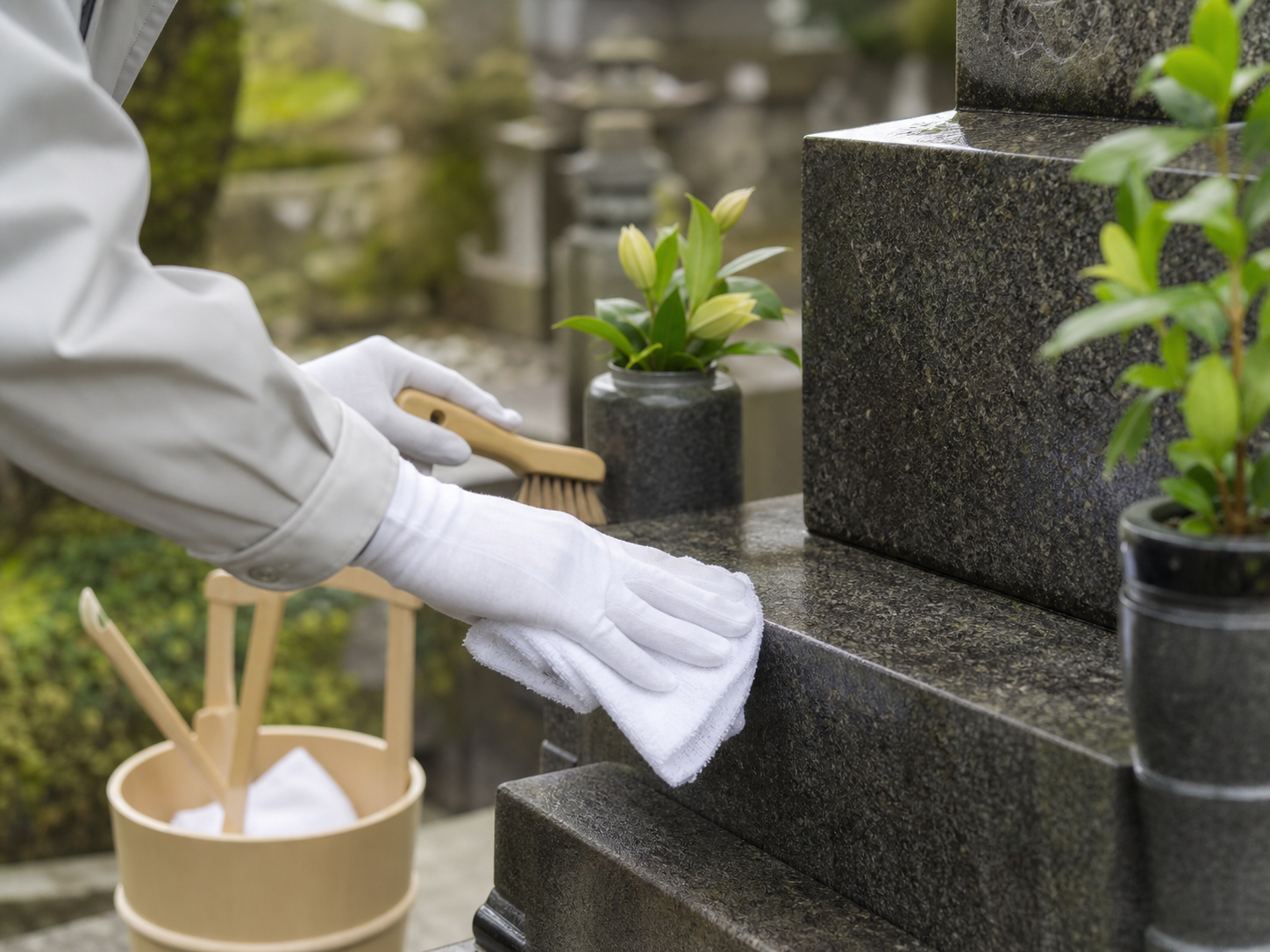道具を使って墓石を清掃している様子